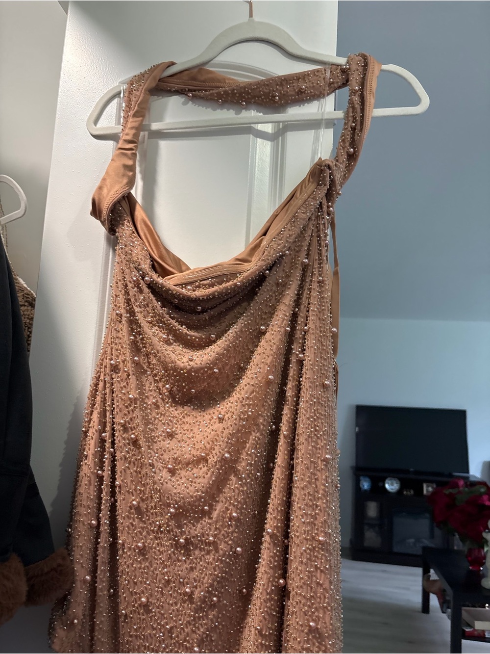 Embellished Nude-Beige Cowl Neck Evening Dress